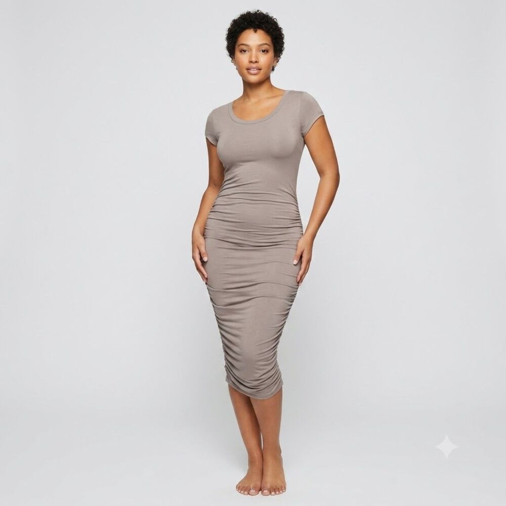 SEN Grey Bodycon T-Shirt Dress Short Sleeves XS Gathered Sides Midi